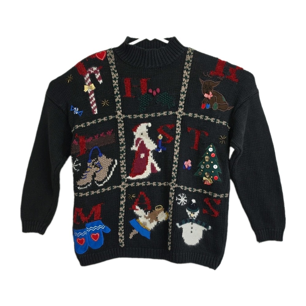 VTG Sportables Christmas Sweater Women's L Black Embroidered Mock Neck